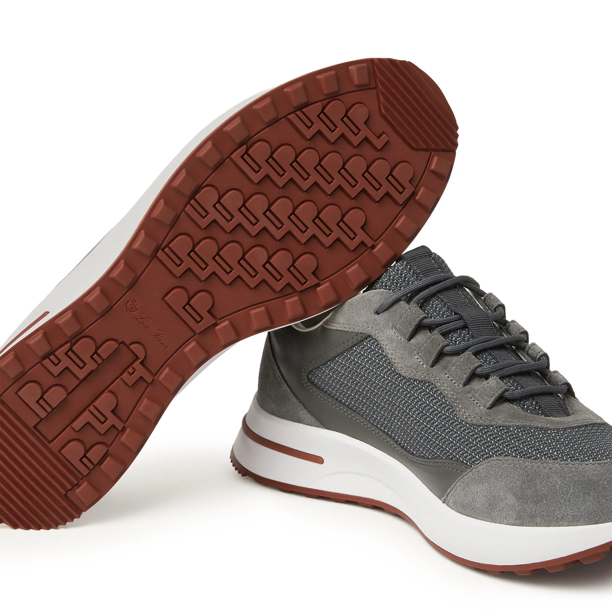 Sole View of Loro Piana Week End Light Urban Stone Suede Mesh Sneaker FAR1331_F8ZC